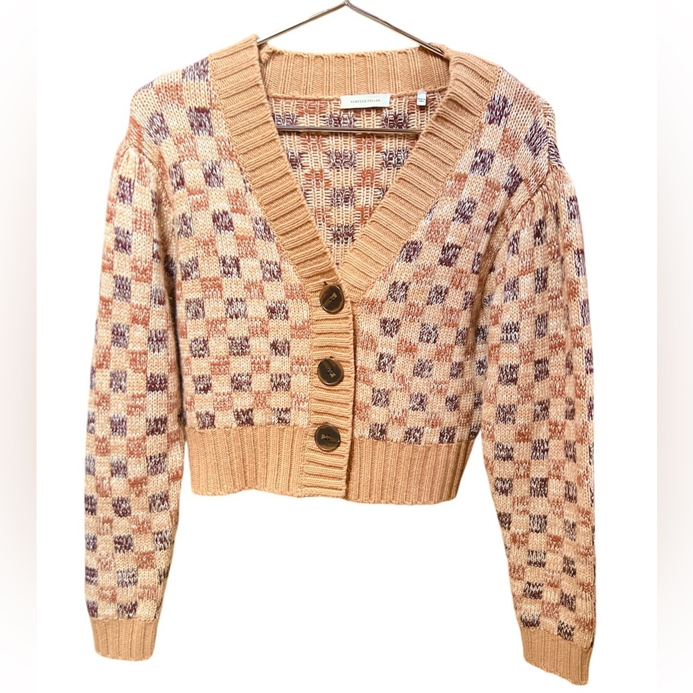 Rebecca Taylor 🥰NWOT Cashmere Wool Sweater Cardigan Jacquard Crop Small Checker - Picture 9 of 16